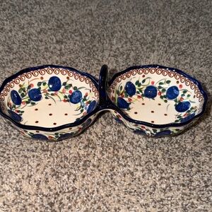 UNIKAT Polish Pottery Double Bowl Condiment Dish Blueberry  B17B NEW Never Used
